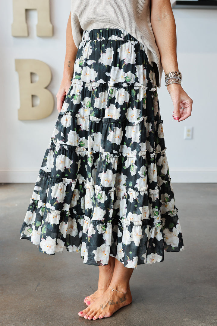Floral Midi Skirt - Black