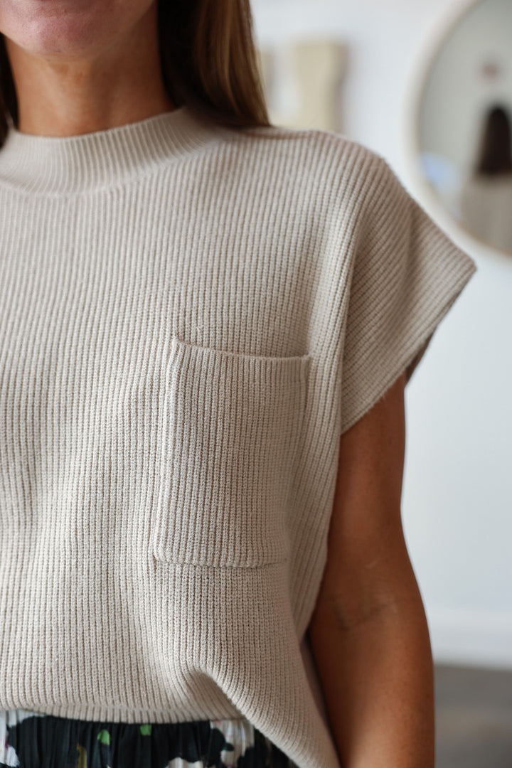 Mock Neck Short Sleeve Sweater - Champagne