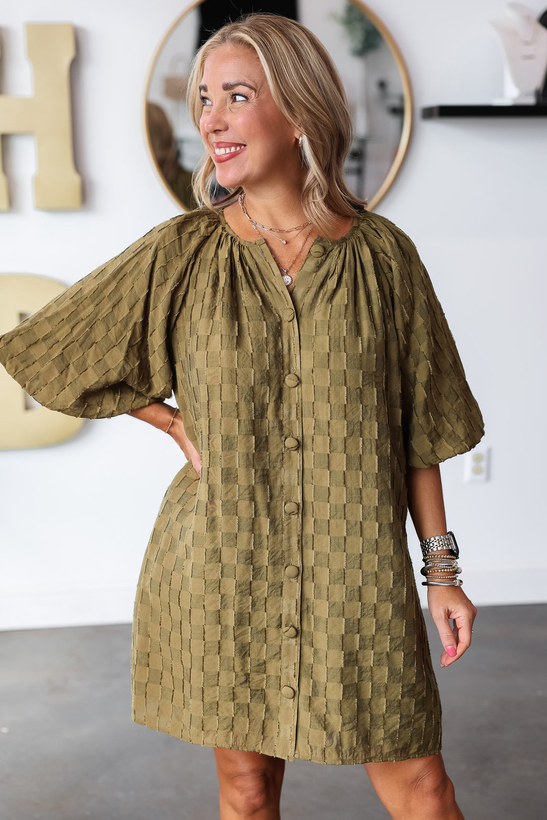 Puff Sleeve Textured Dress - Olive