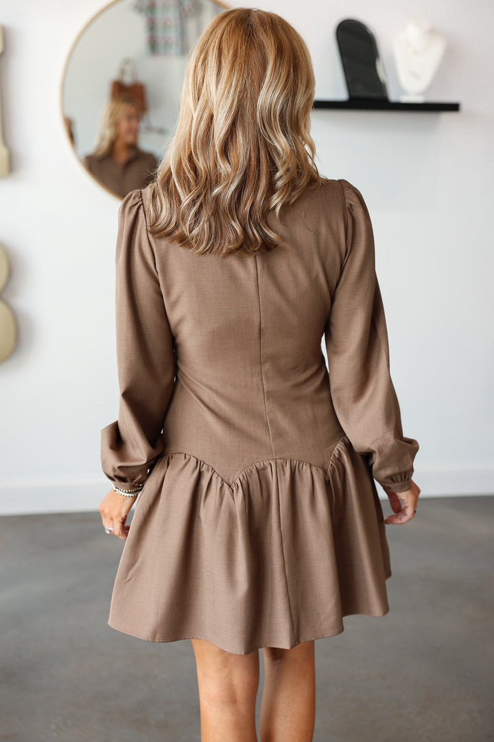 Button Front Drop Waist Dress - Taupe