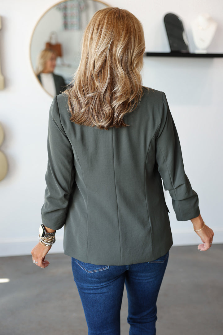 Scrunched Sleeve Blazer - Dark Green