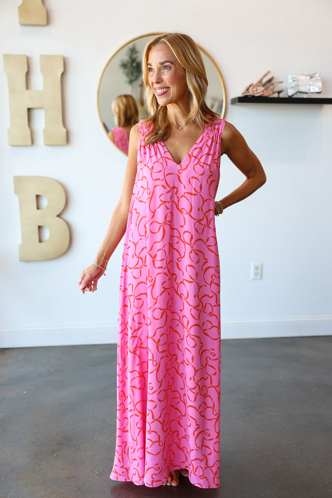 Bow Printed Maxi Dress - Pink