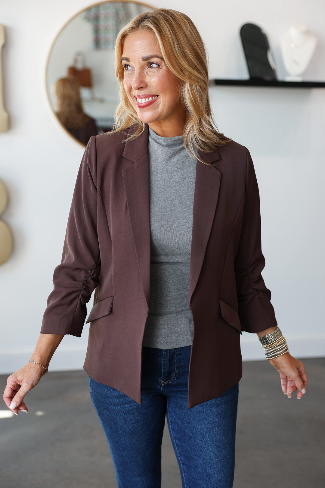 Scrunched Sleeve Blazer - Espresso