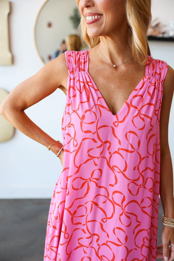 Bow Printed Maxi Dress - Pink