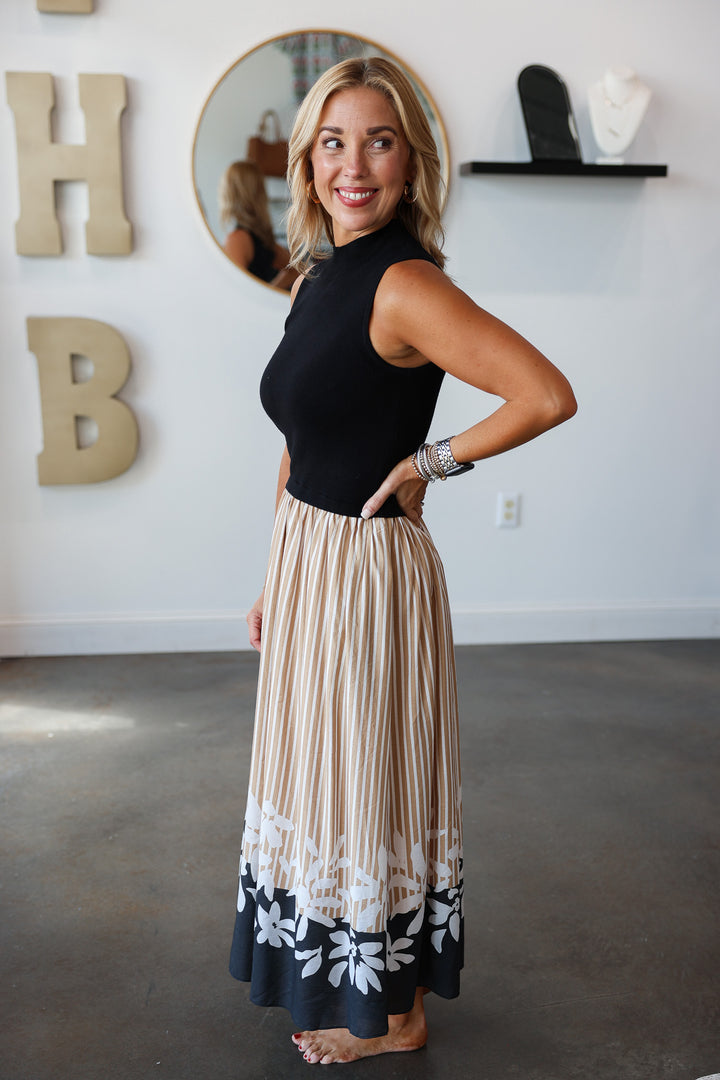 Mixed Media Printed Dress - Black/Beige