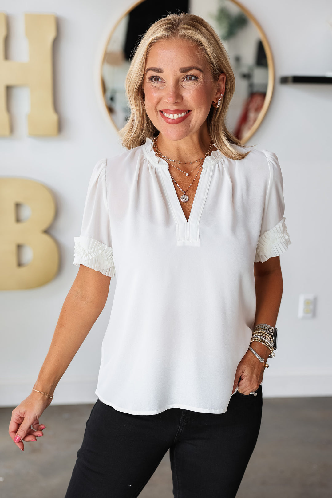 Ruffle Trim Top - White