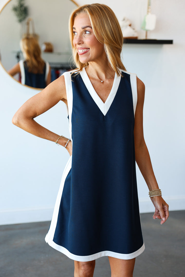 Contrast Trim Dress - Navy