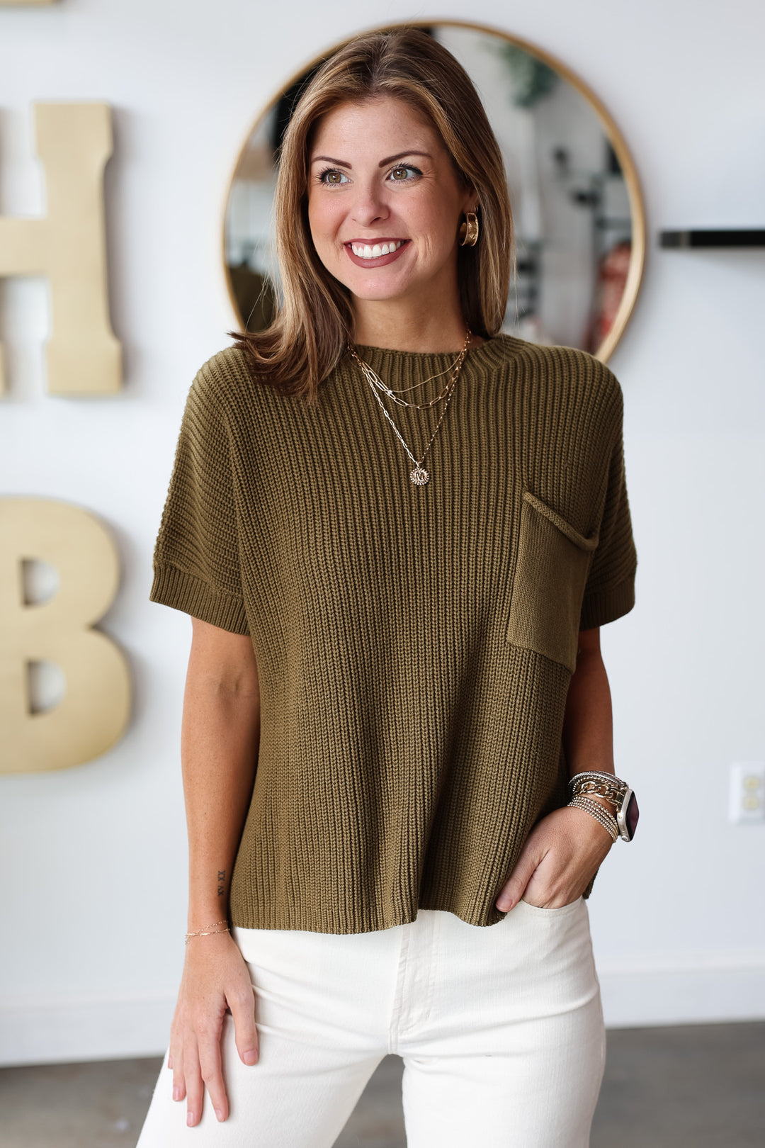 Short Sleeve Sweater - Olive