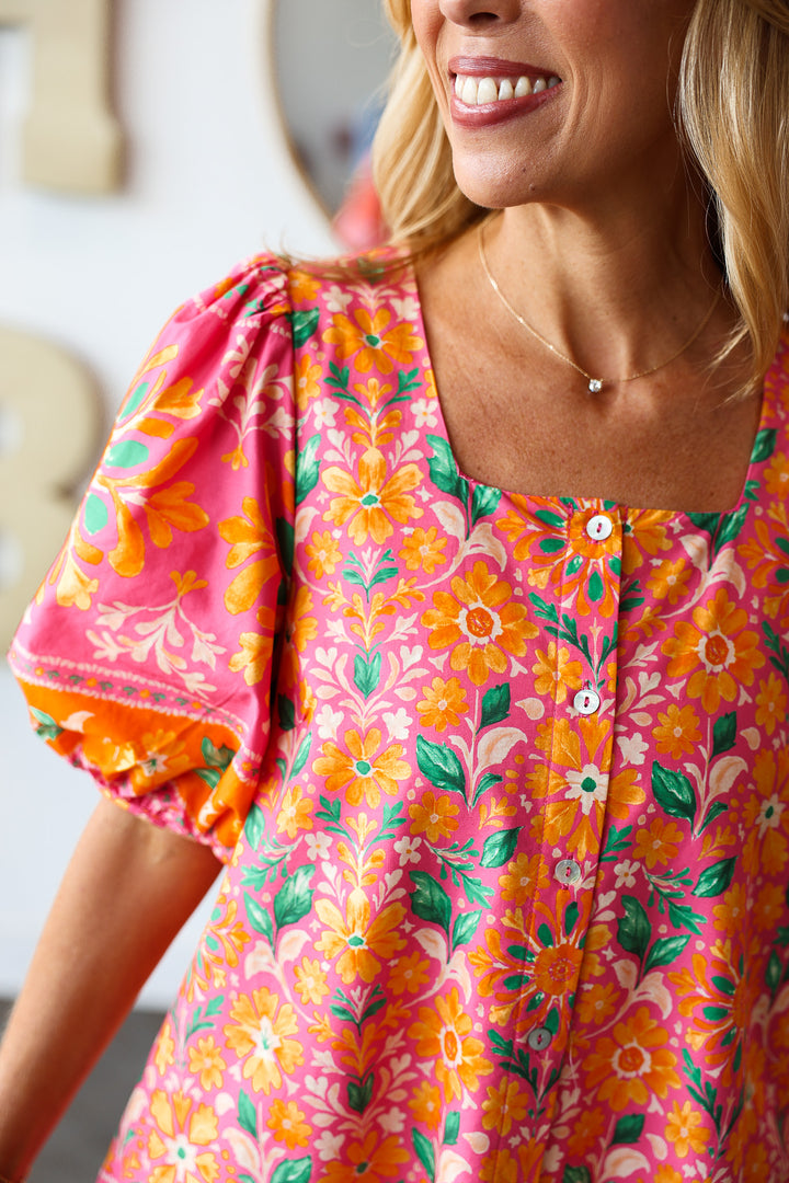 Floral Scoop Neck Dress - Pink