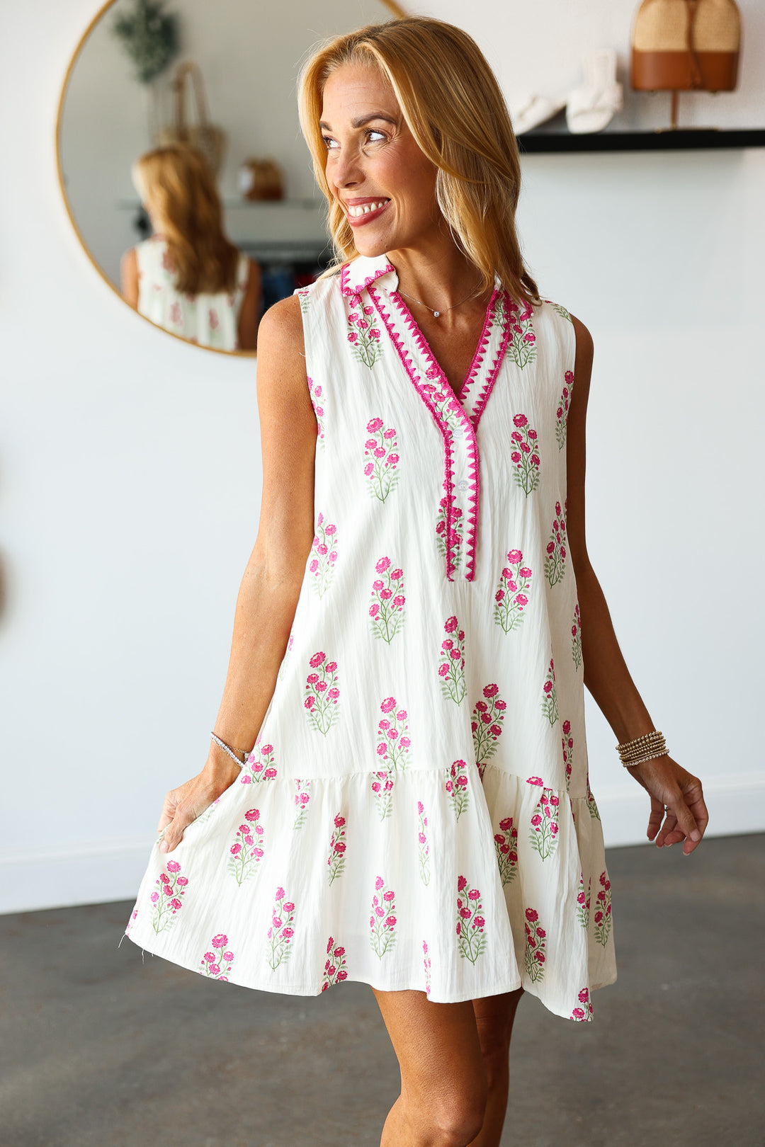pink floral embroidered dress Baltic Born Womens Lila Embroidered Midi Dress | Pink Floral