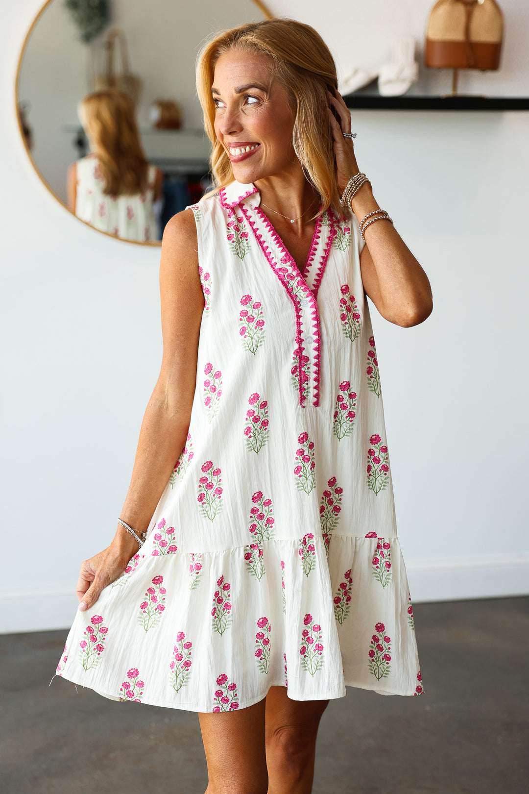 Embroidered Trim Floral Dress - Pink