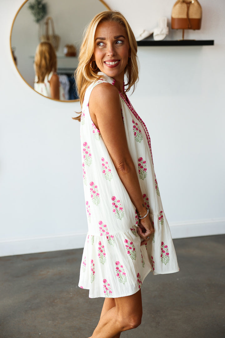 Embroidered Trim Floral Dress - Pink