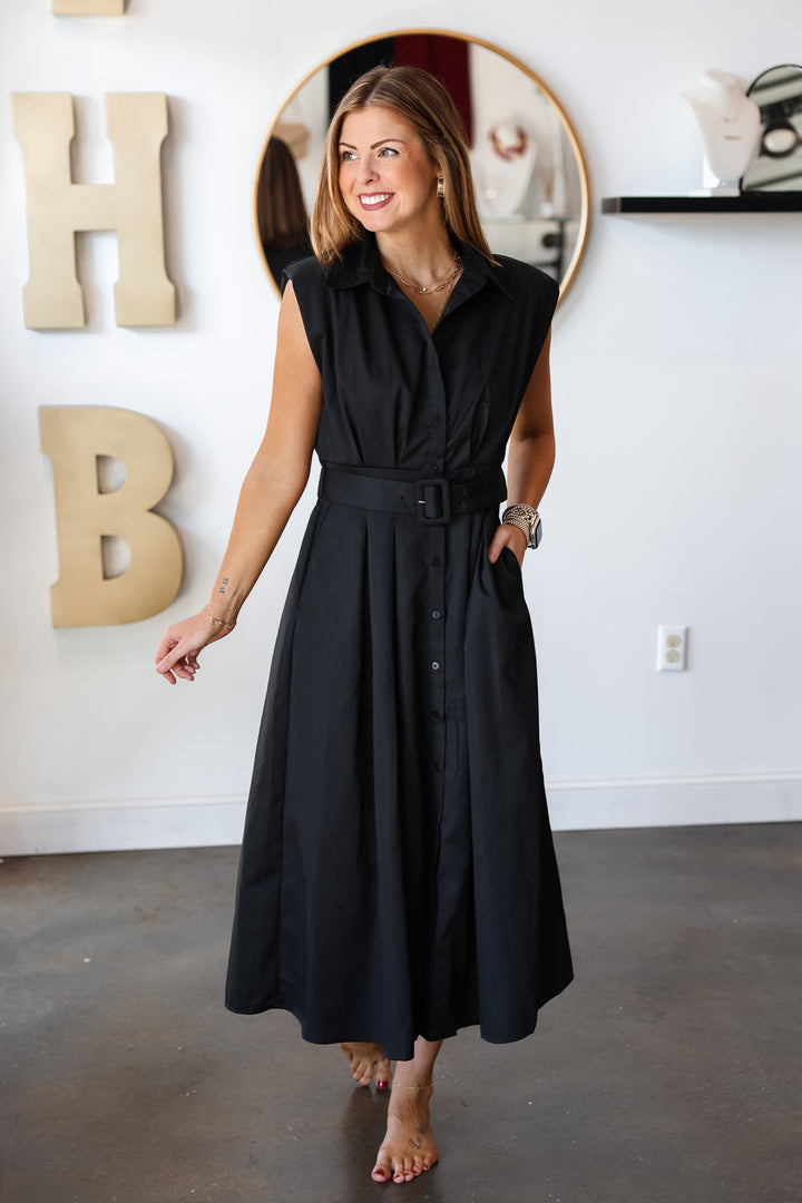 Belted Midi Dress - Black