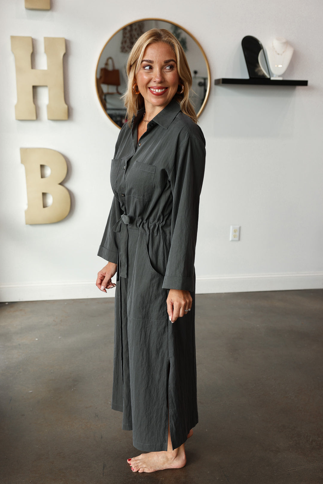 Cinch Waist Shirt Dress - Charcoal small Cinch Waist Shirt Dress - Charcoal small