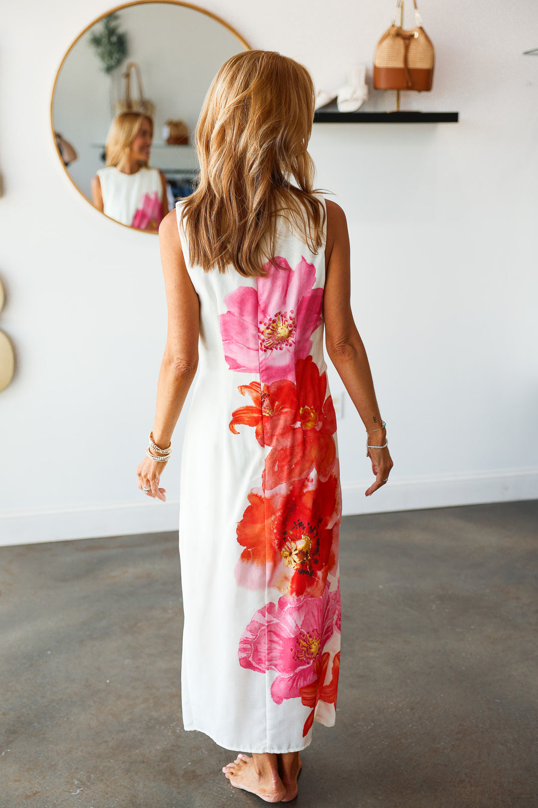 Side Cinch Floral Dress - Cream
