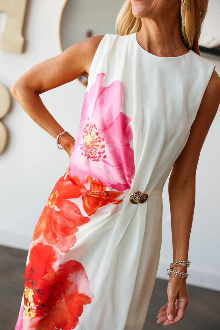 Side Cinch Floral Dress - Cream