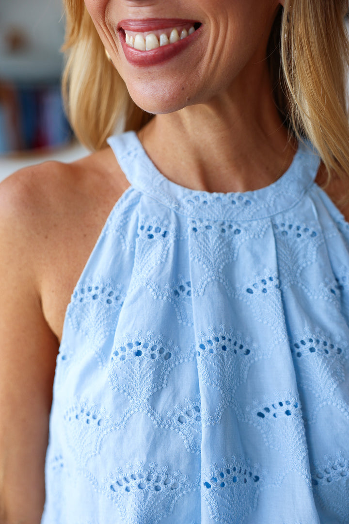 Halter Neck Eyelet Top - Blue