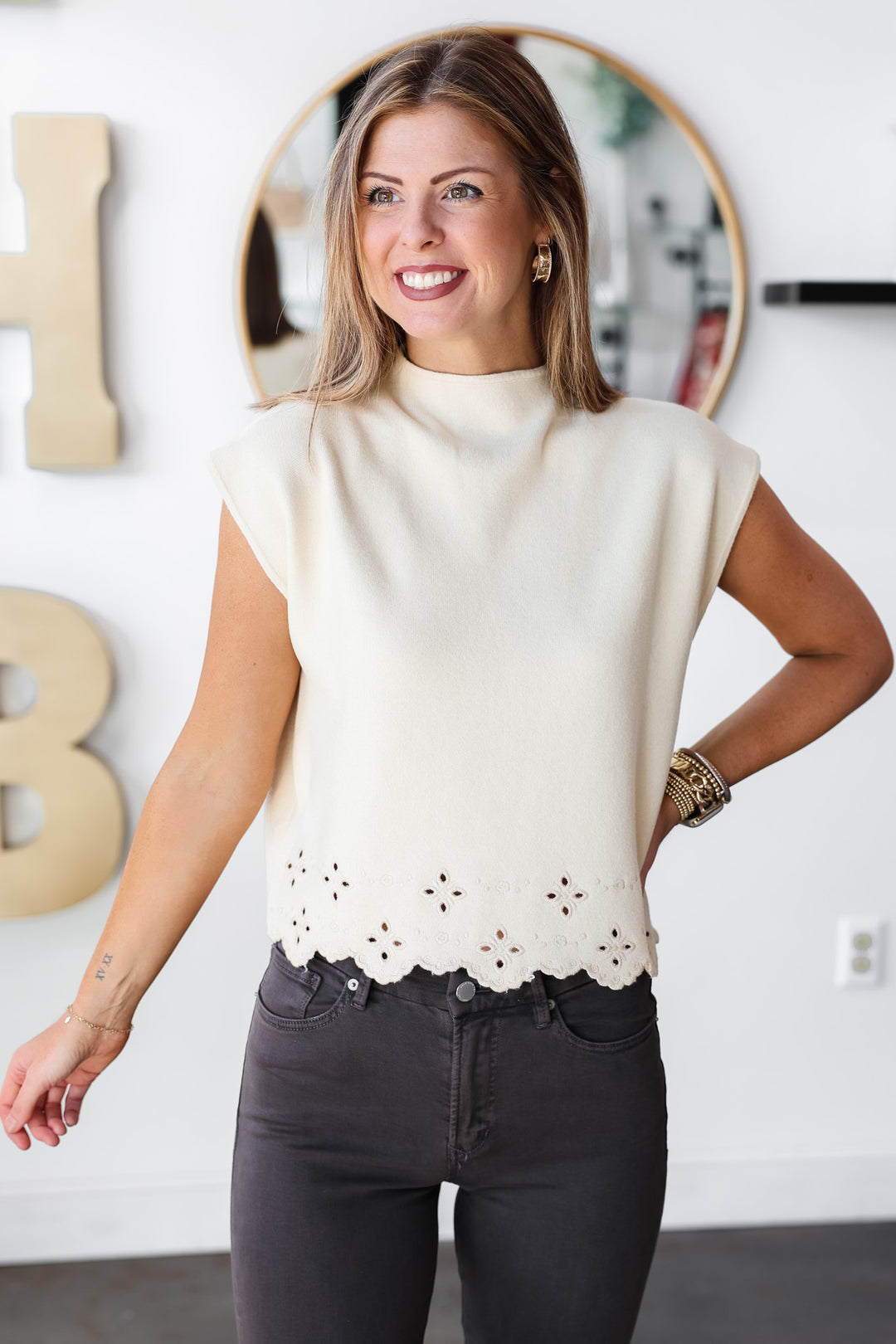 Eyelet Hem Sweater Top - Ecru