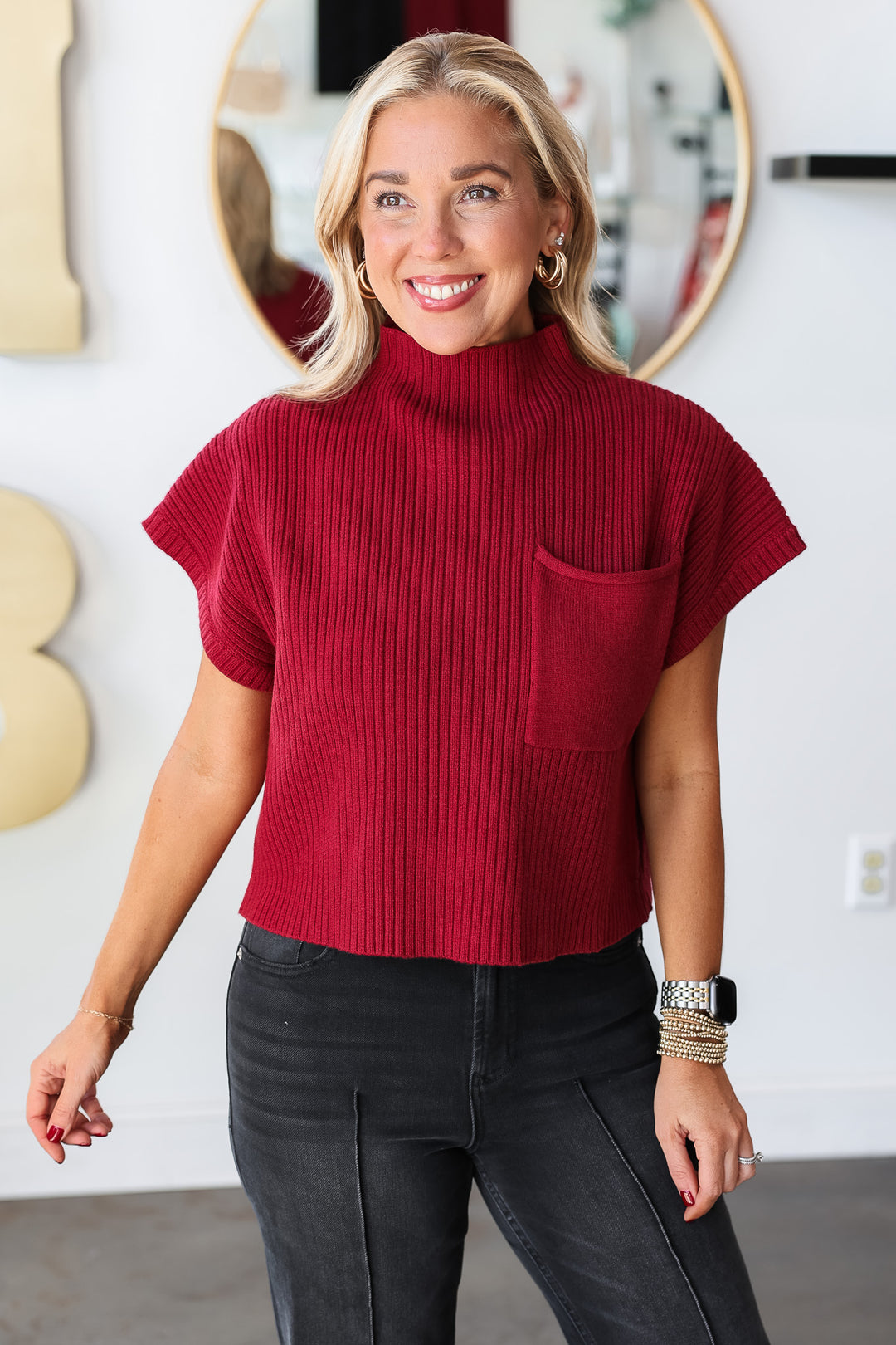 Short Sleeve Sweater - Ruby