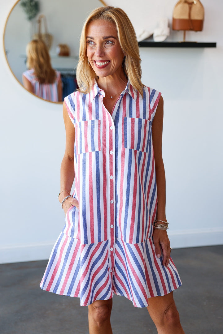 Cap Sleeve Striped Dress - Red/Navy