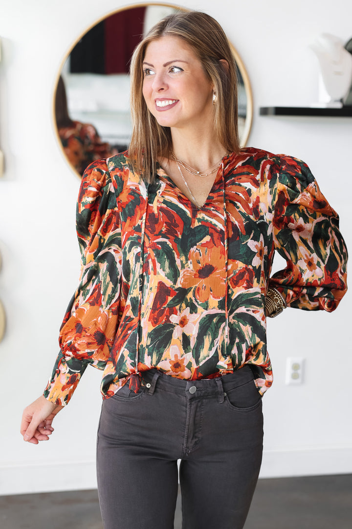 Long Sleeve Floral Top - Brown