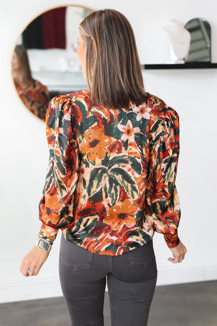 Long Sleeve Floral Top - Brown