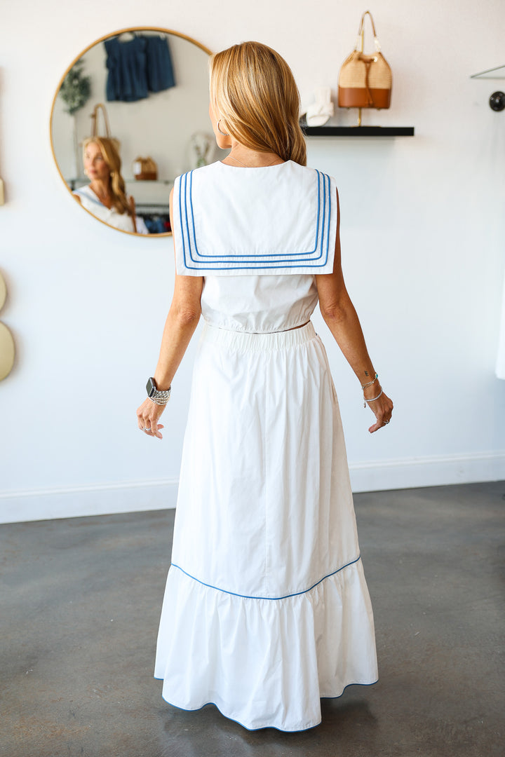 Blue Trim Midi Skirt - White