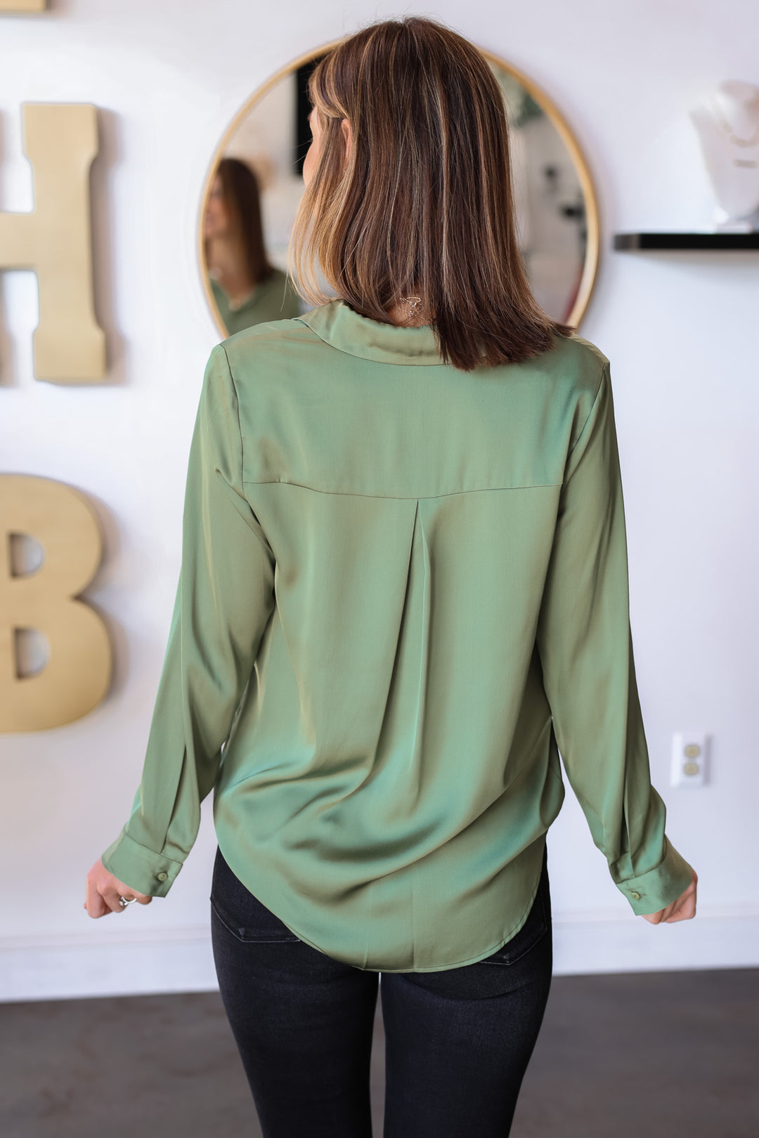 Satin Button Down - Olive