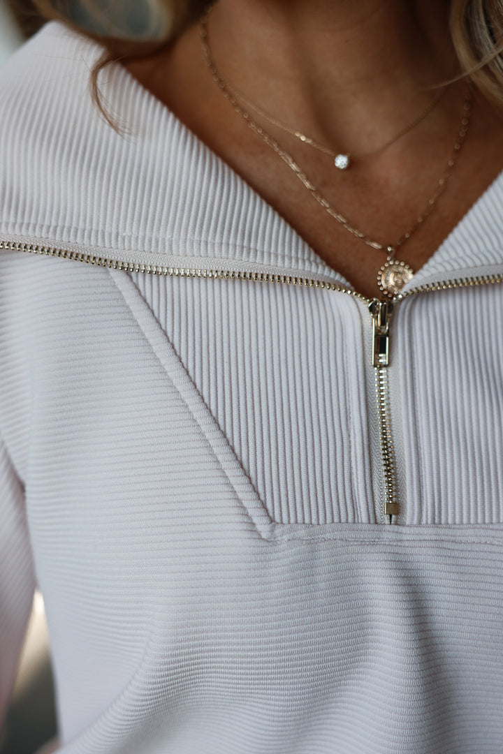 Oversized Collar Quarter Zip Top - Cream