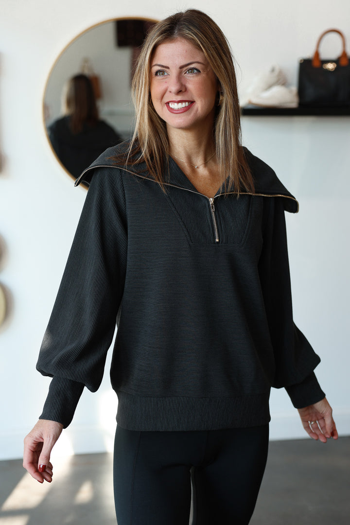 Oversized Collar Quarter Zip Top - Black