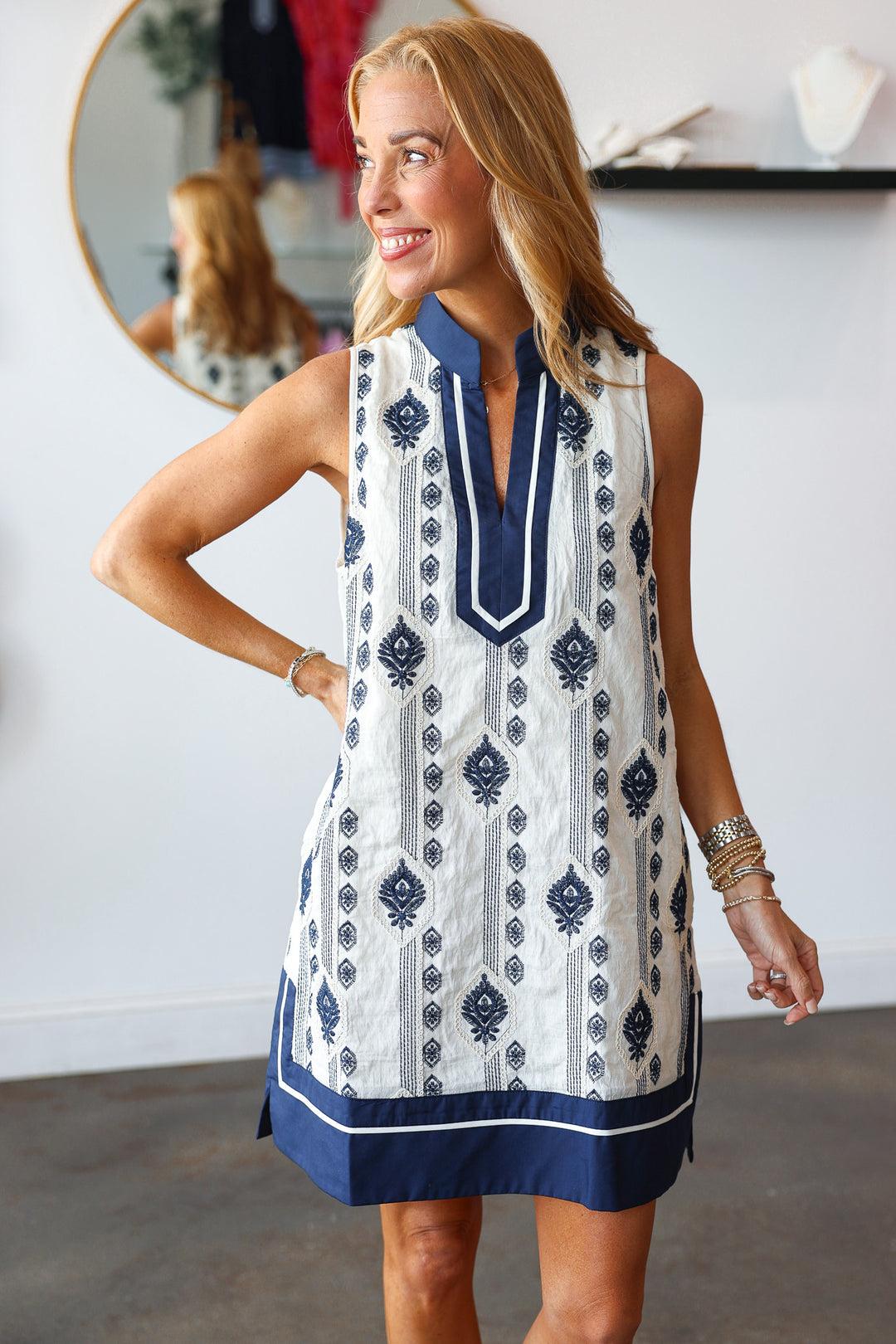 Embroidered Shift Dress - Navy