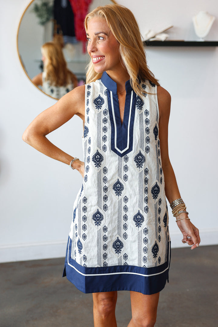 Embroidered Shift Dress - Navy