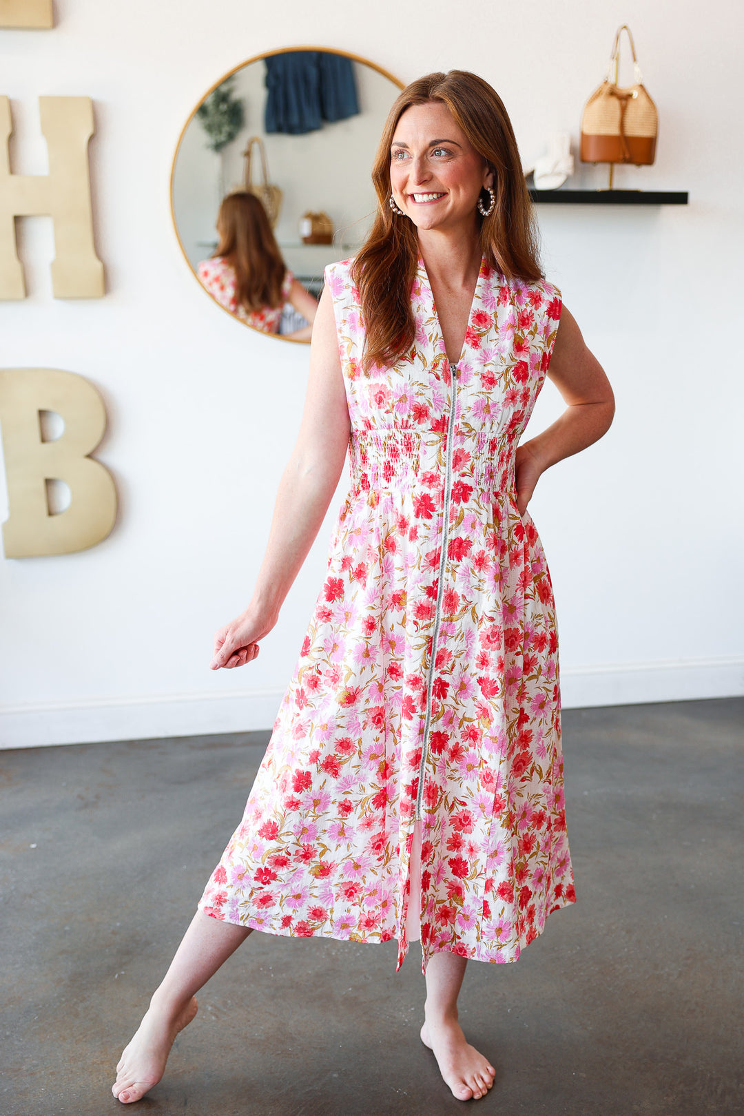 Front Zip Floral Smocked Waist Dress