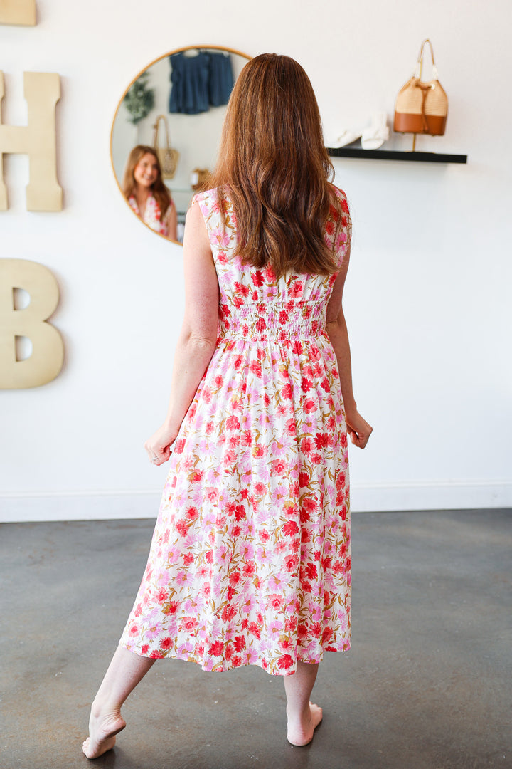 Front Zip Floral Smocked Waist Dress