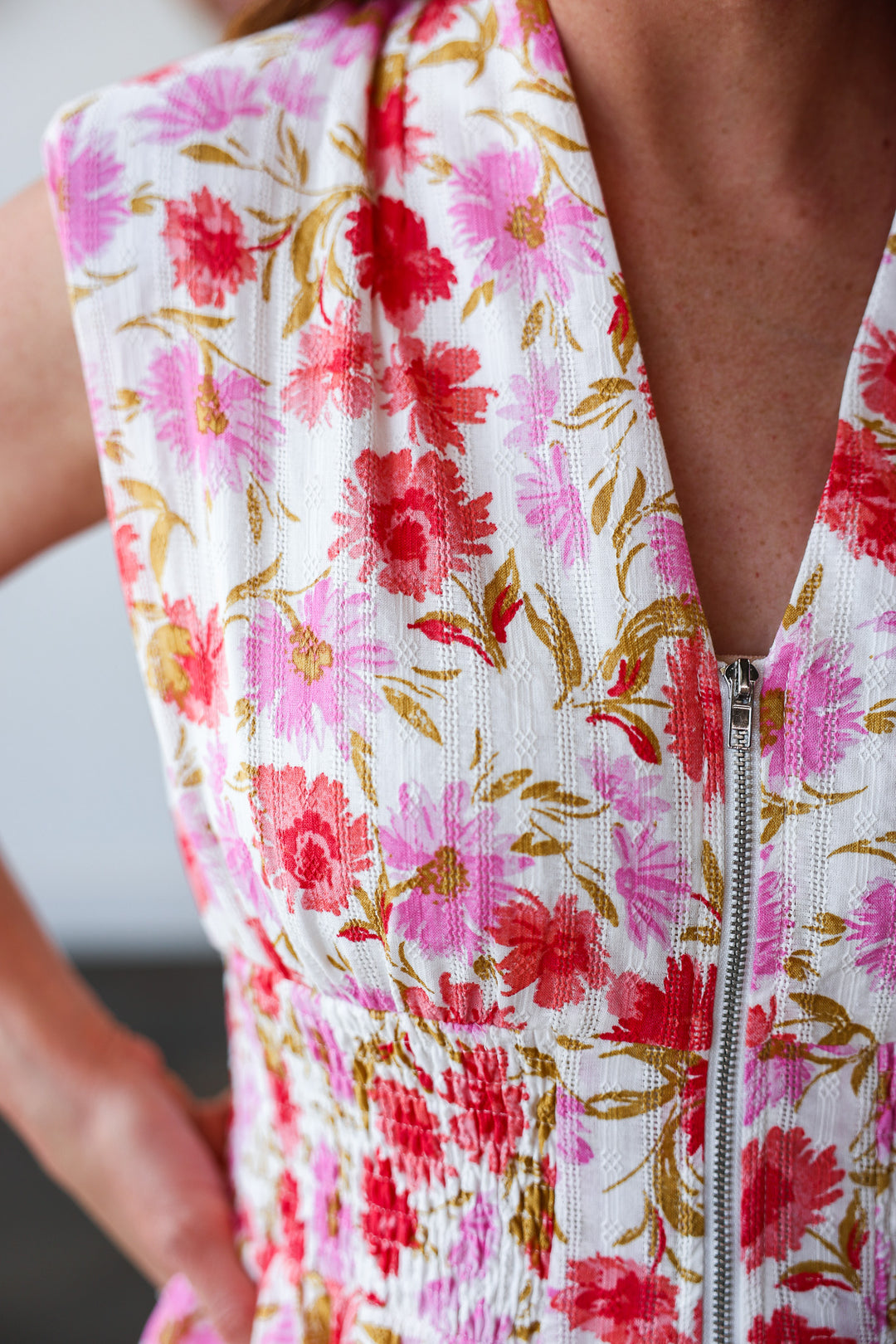 Front Zip Floral Smocked Waist Dress