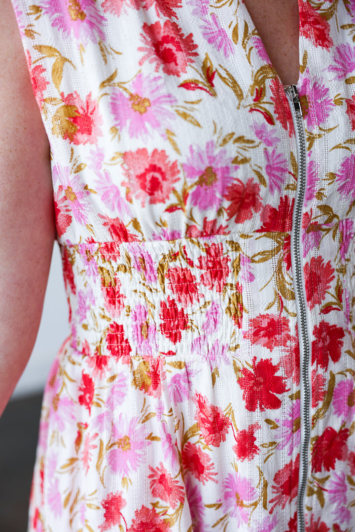 Front Zip Floral Smocked Waist Dress