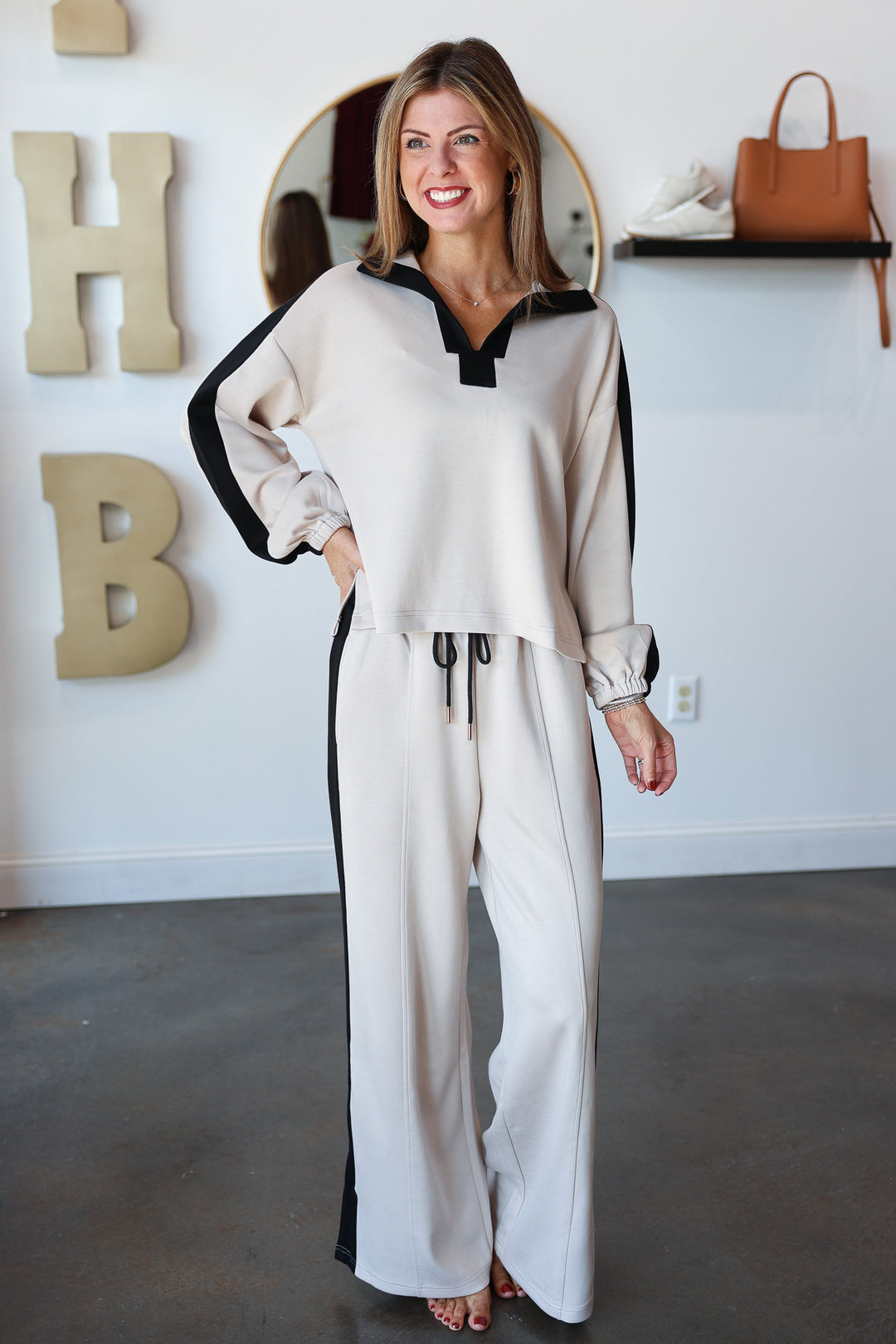 Contrast Wide Leg Pants - Oatmeal