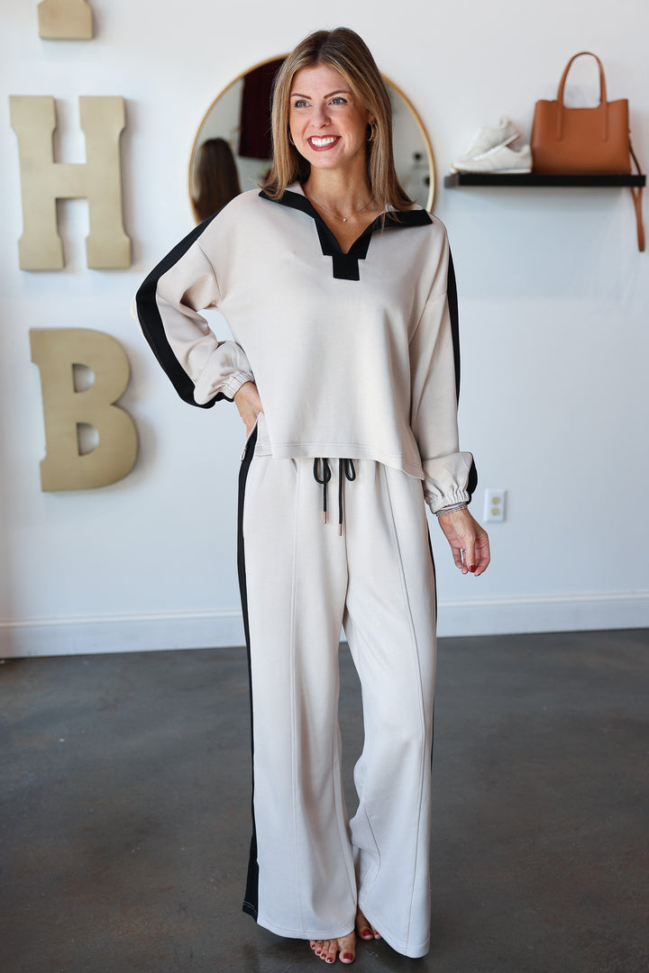 Contrast Wide Leg Pants - Oatmeal