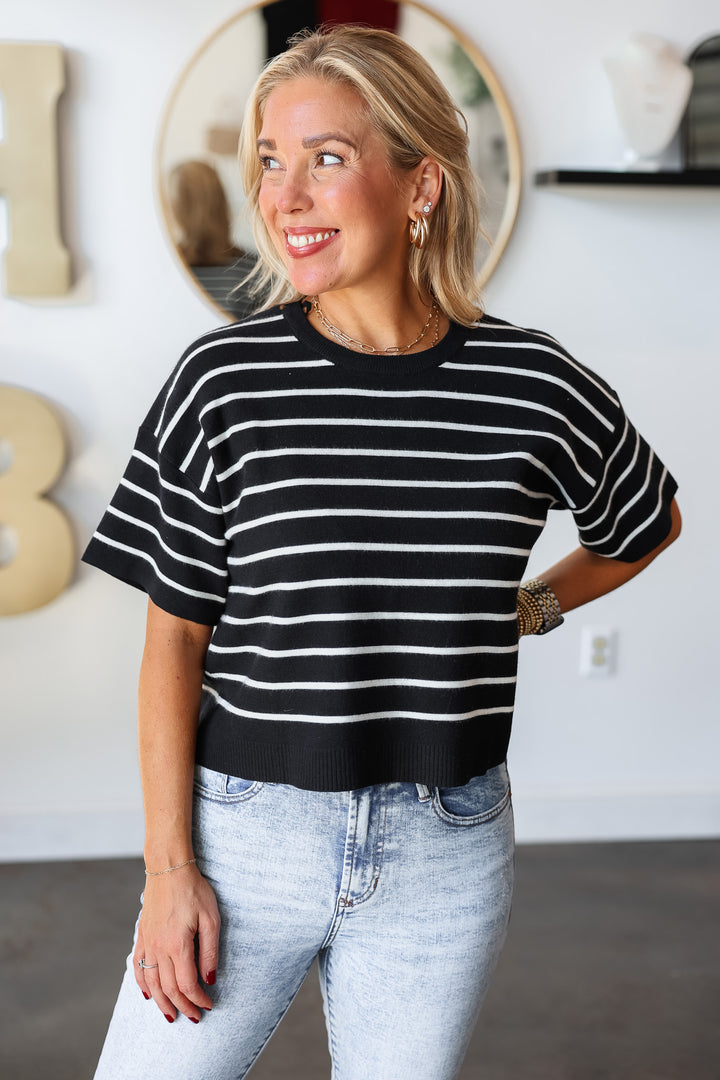 Boxy Striped Short Sleeve Sweater - Black/White