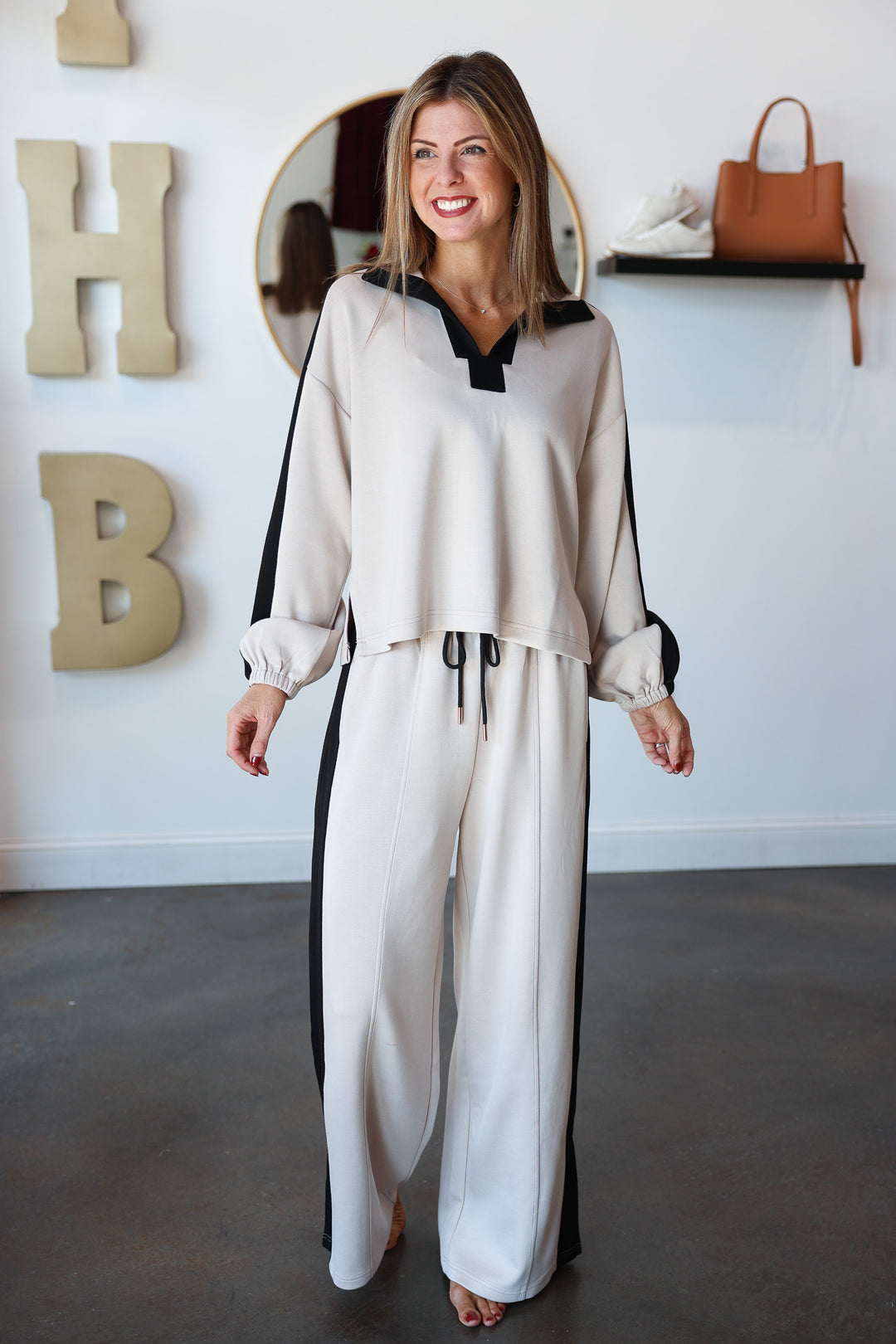 Contrast Wide Leg Pants - Oatmeal