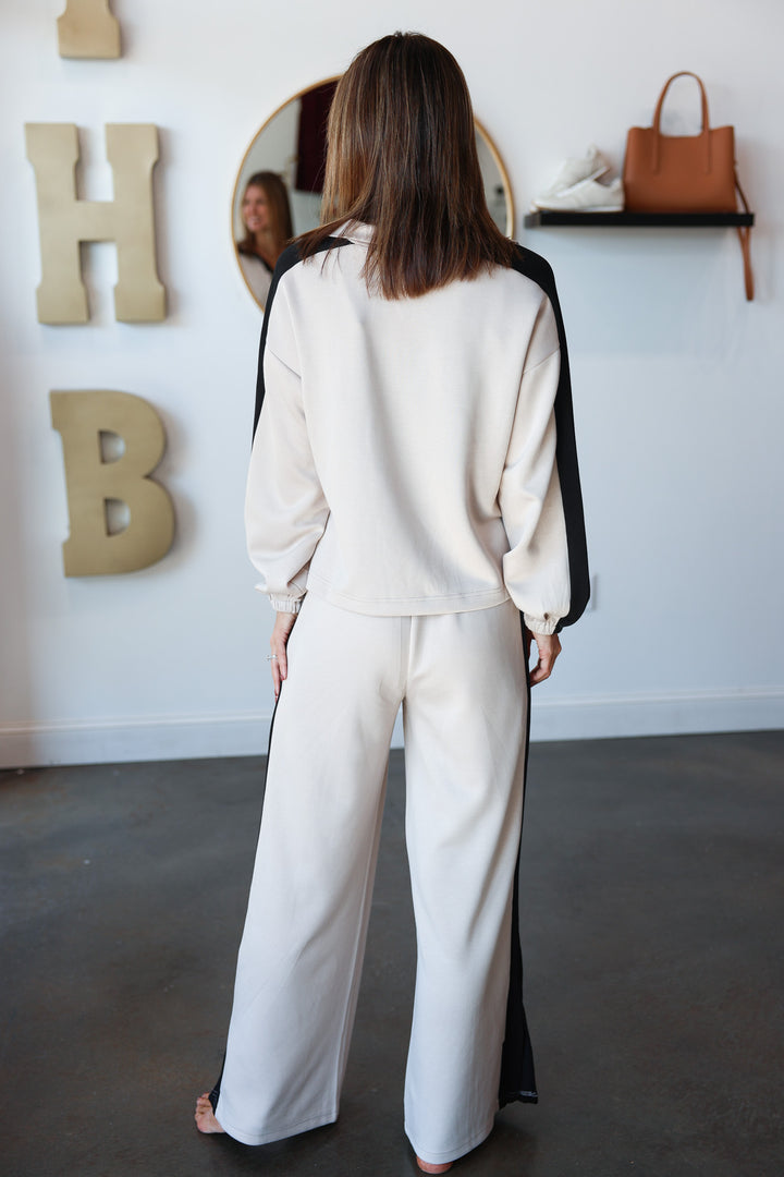 Contrast Wide Leg Pants - Oatmeal