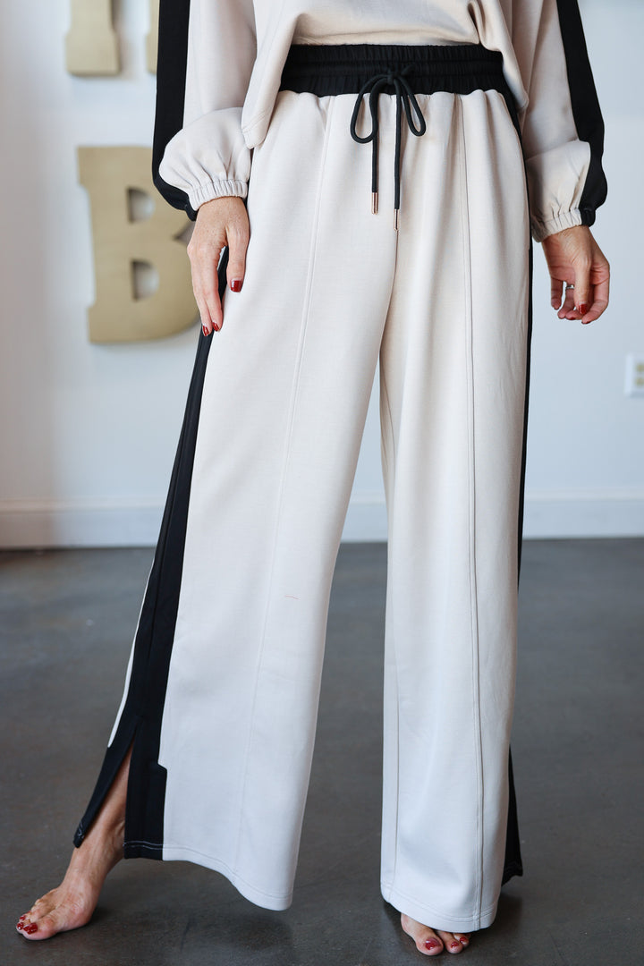 Contrast Wide Leg Pants - Oatmeal