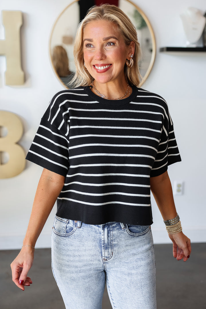 Boxy Striped Short Sleeve Sweater - Black/White