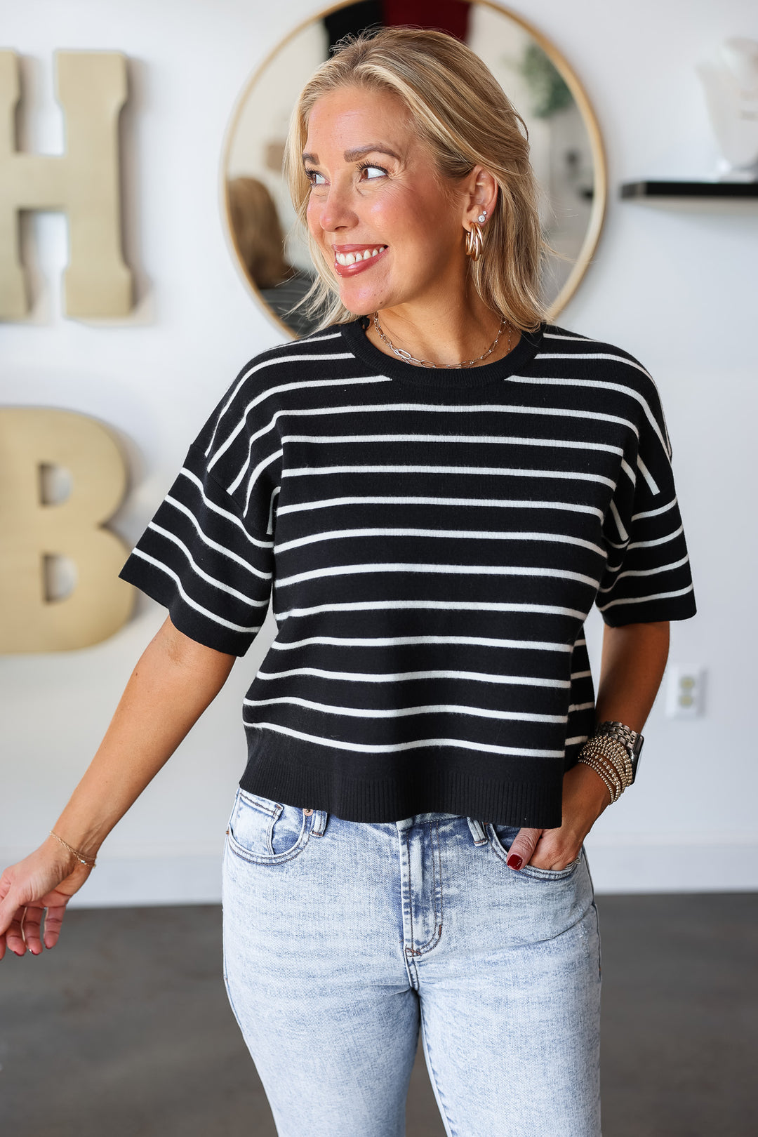 Boxy Striped Short Sleeve Sweater - Black/White