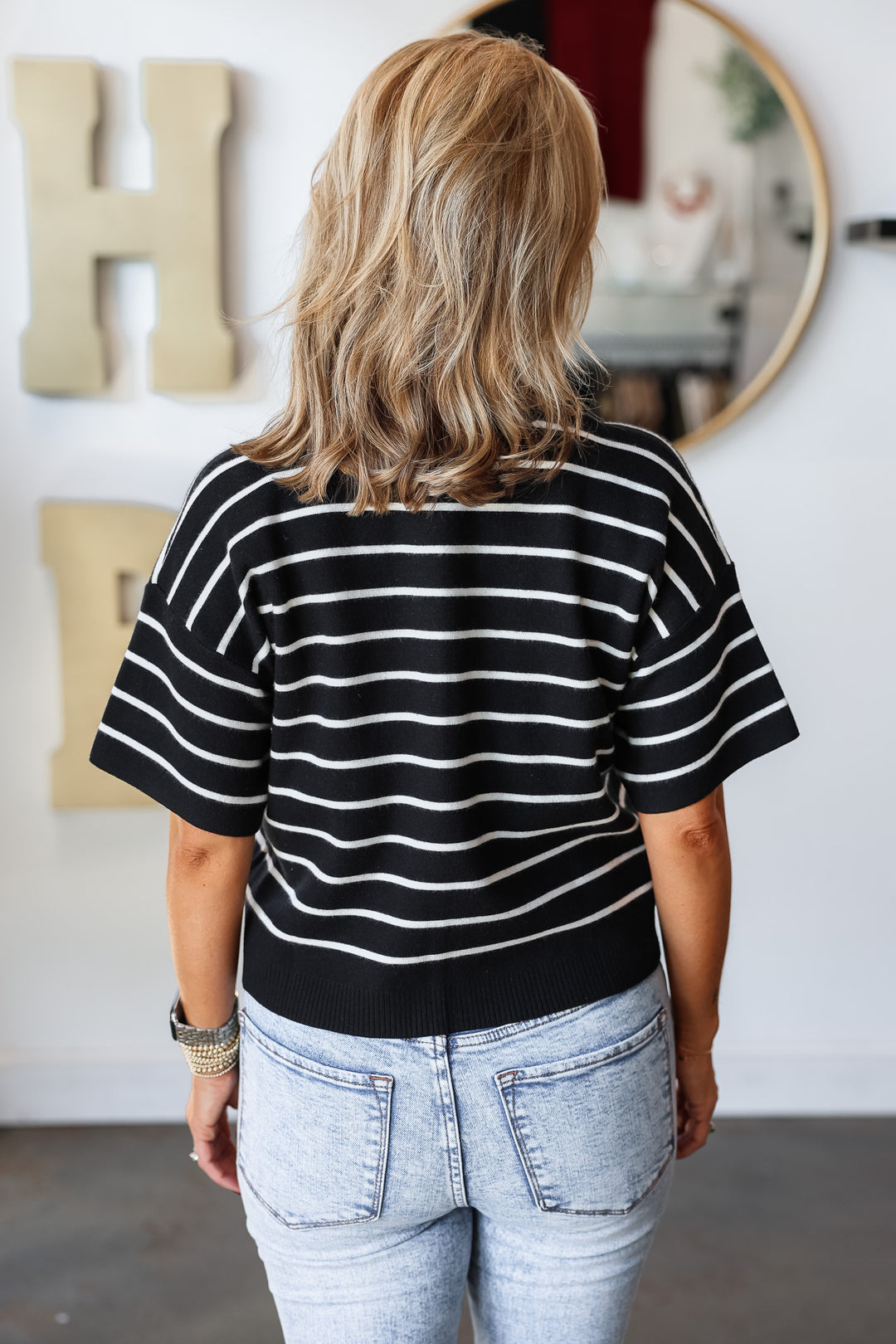 Boxy Striped Short Sleeve Sweater - Black/White