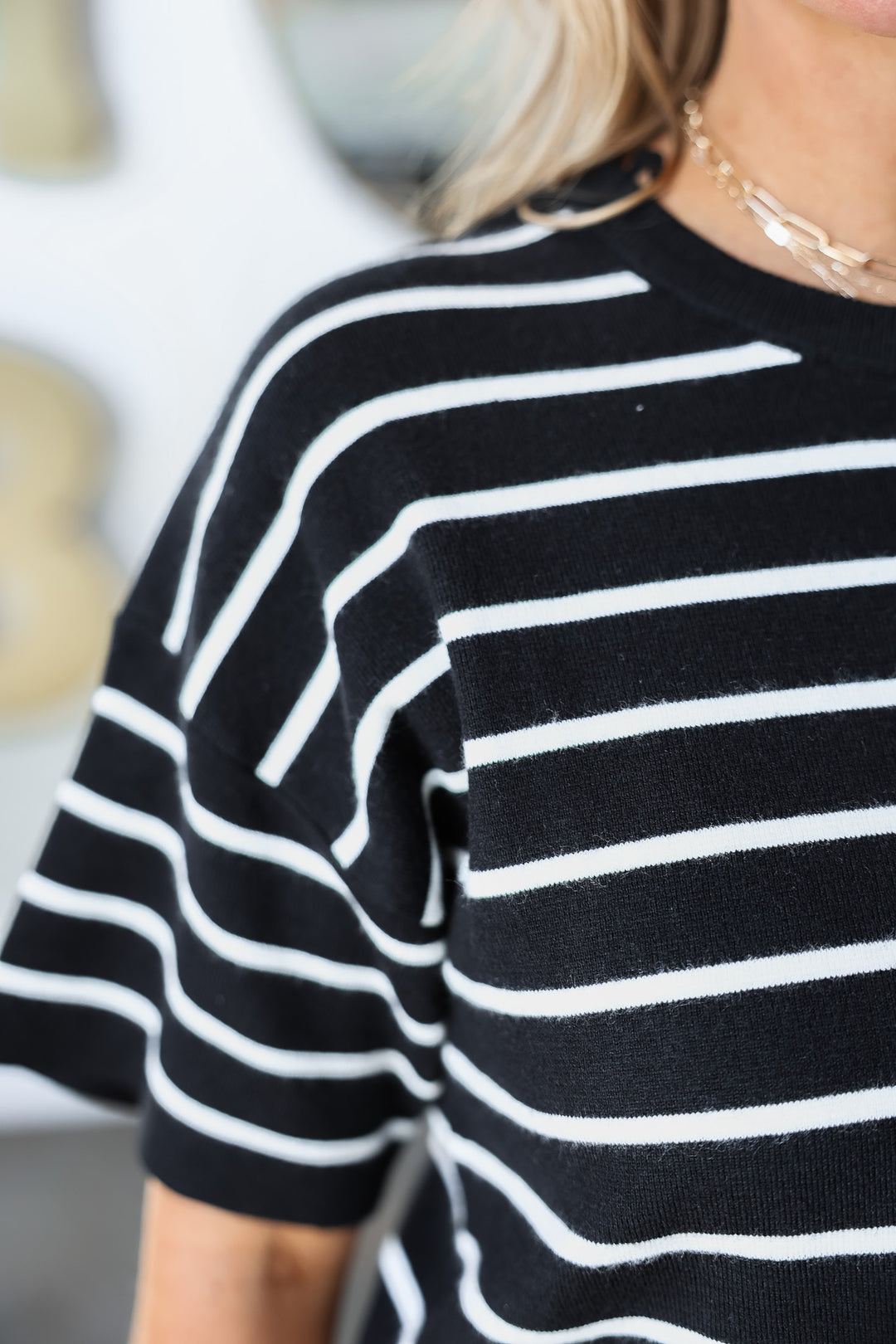 Boxy Striped Short Sleeve Sweater - Black/White