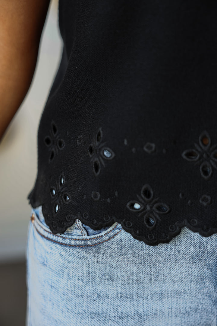 Eyelet Hem Sweater Top - Black