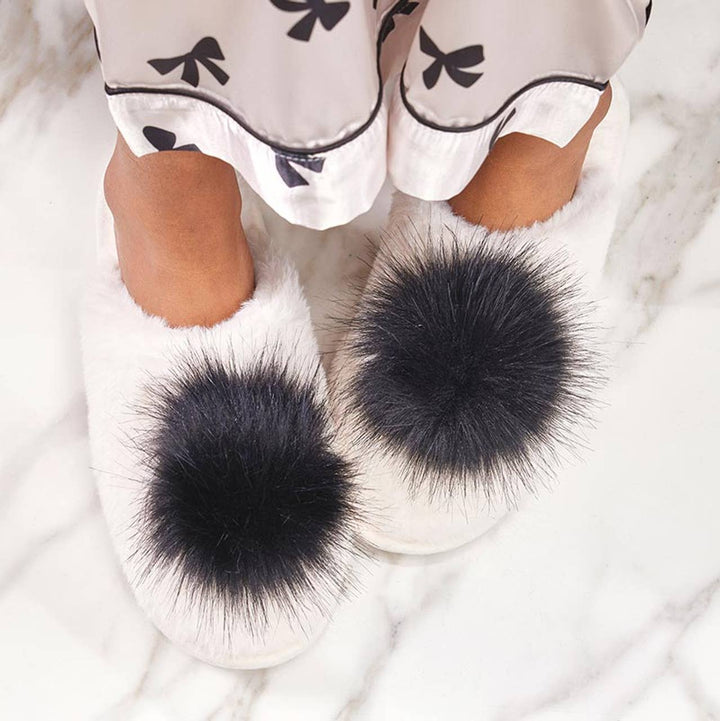 Plush Pom Pom Slippers - Ivory/Black