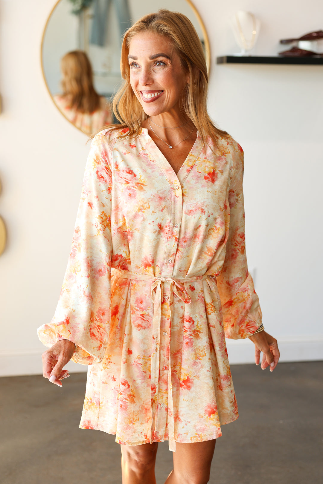 Button Down Tie Waist Dress - Peach