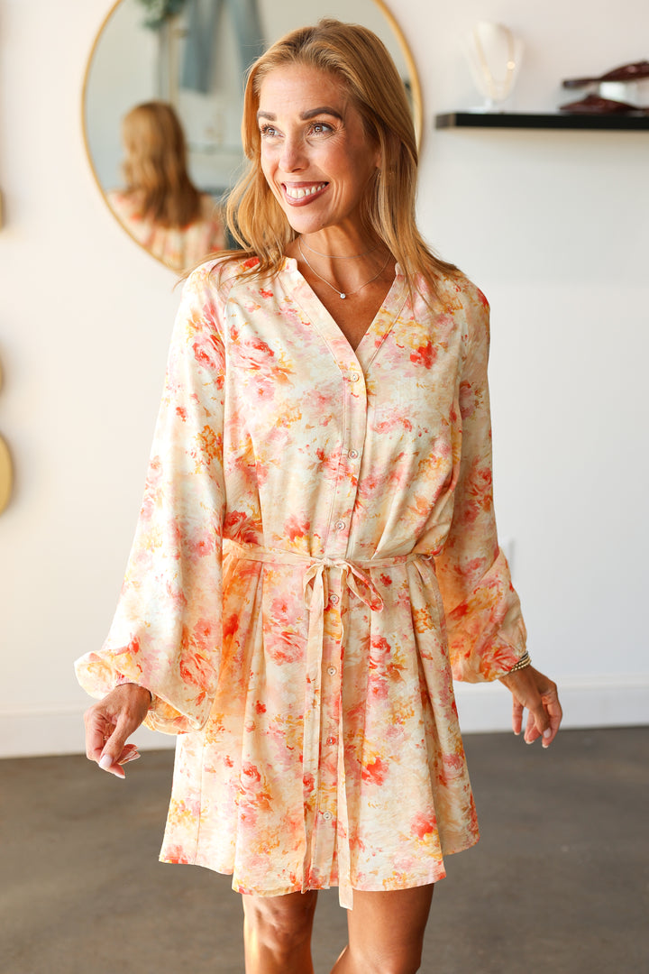 Button Down Tie Waist Dress - Peach
